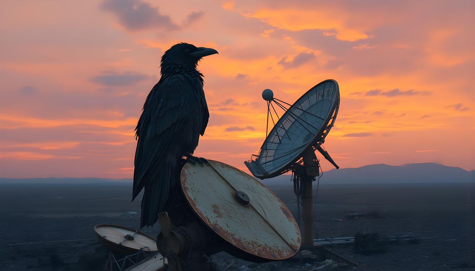 Raven Perched on Satellite Dish in Post-Apocalyptic Junkyard
