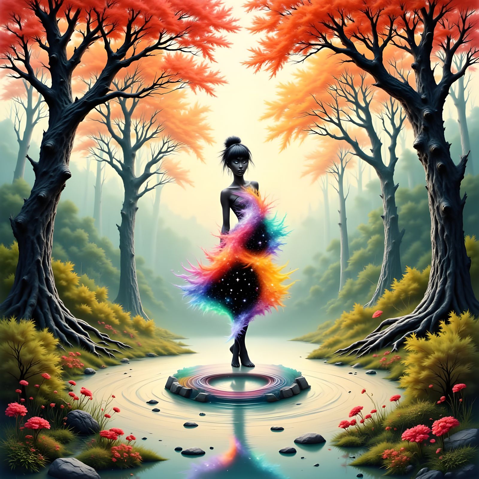 Self Portrait in Rainbow Charcoal with Stars and Golden Twil...