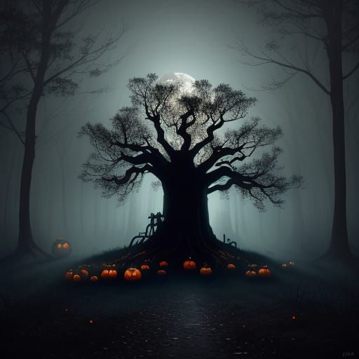 Spooky Halloween Forest Scene Digital Matte Painting
