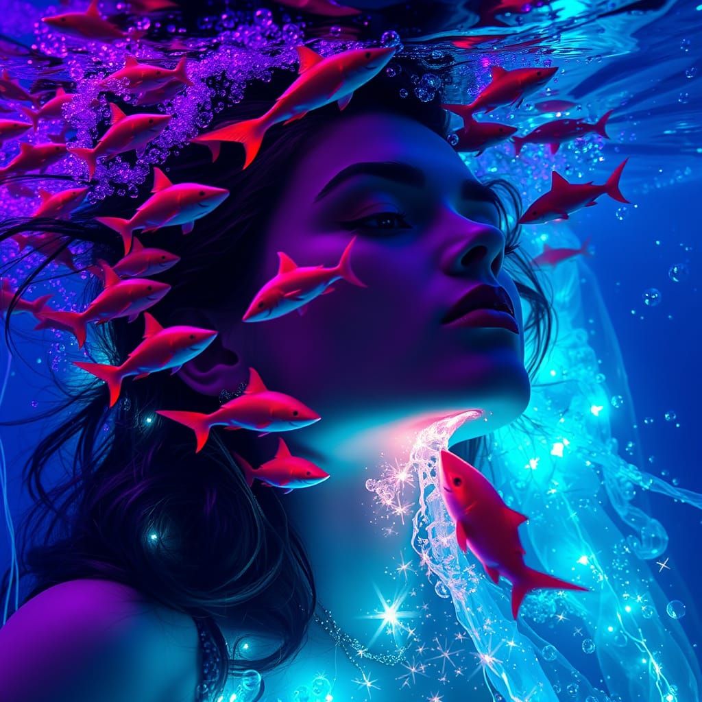 Underwater Woman With Sharks and Mermaids in Neon Light