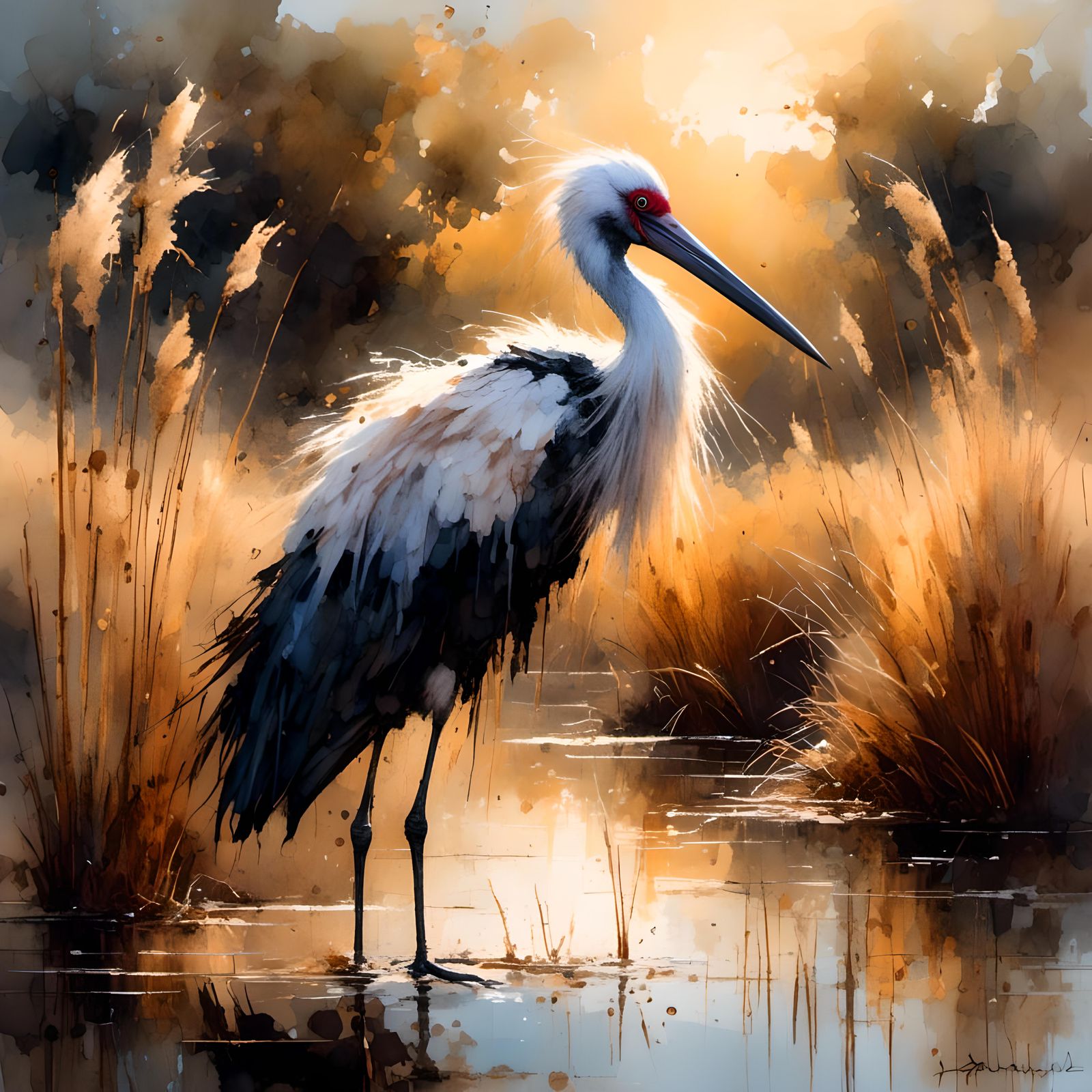 Marabou Stork in African Wetlands as Impasto Painting