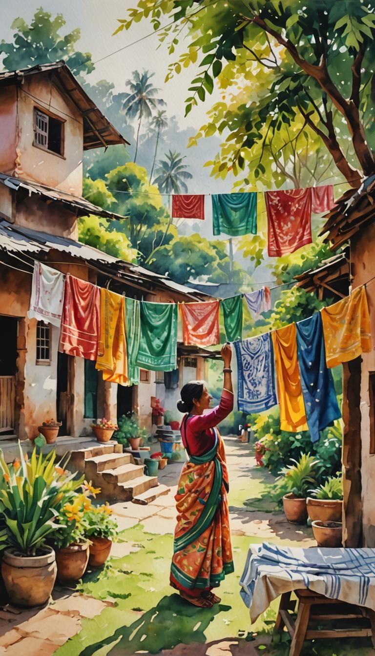 Impressionist Watercolor of Banjar Village Life