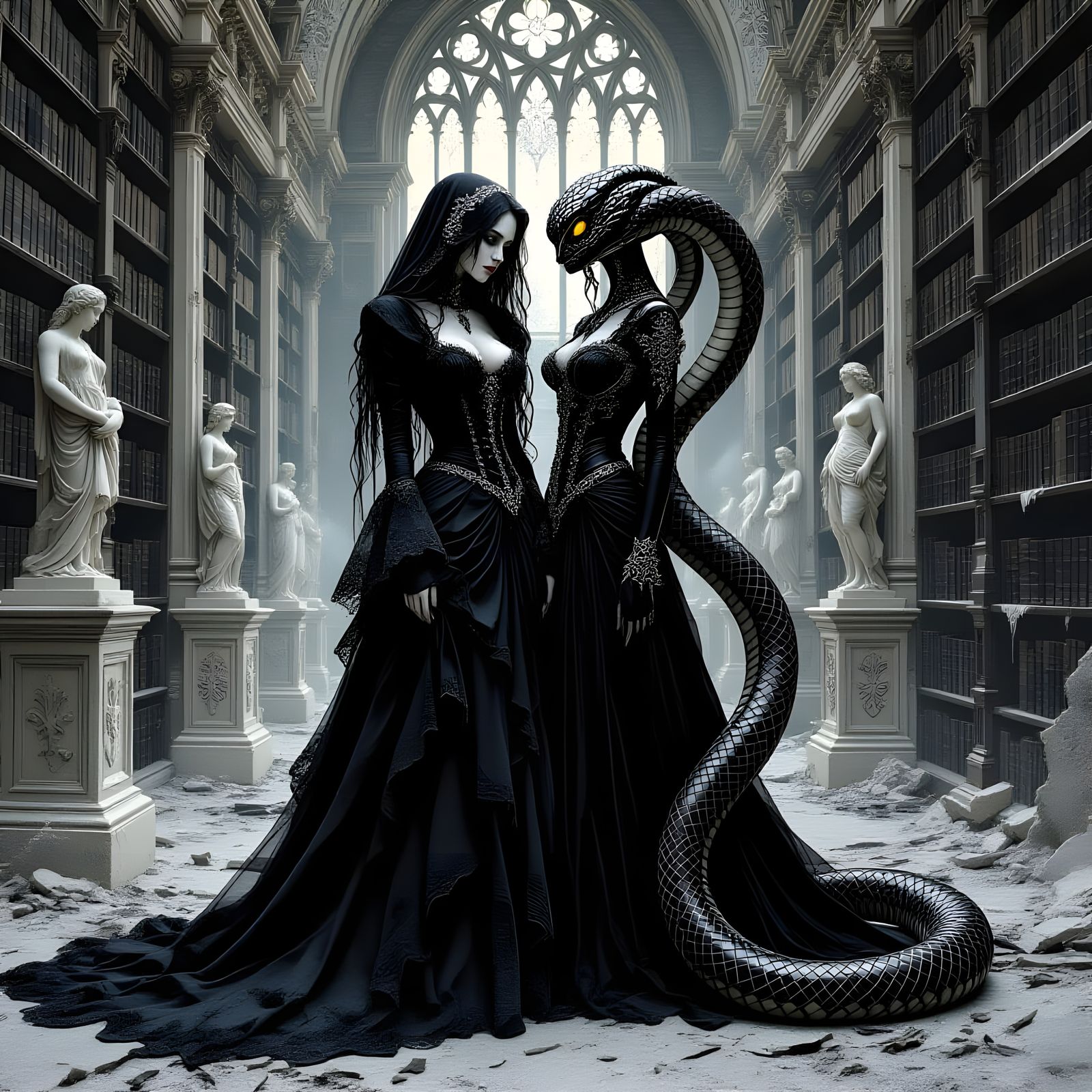 Gothic Woman with Snake Lover in Decaying Library