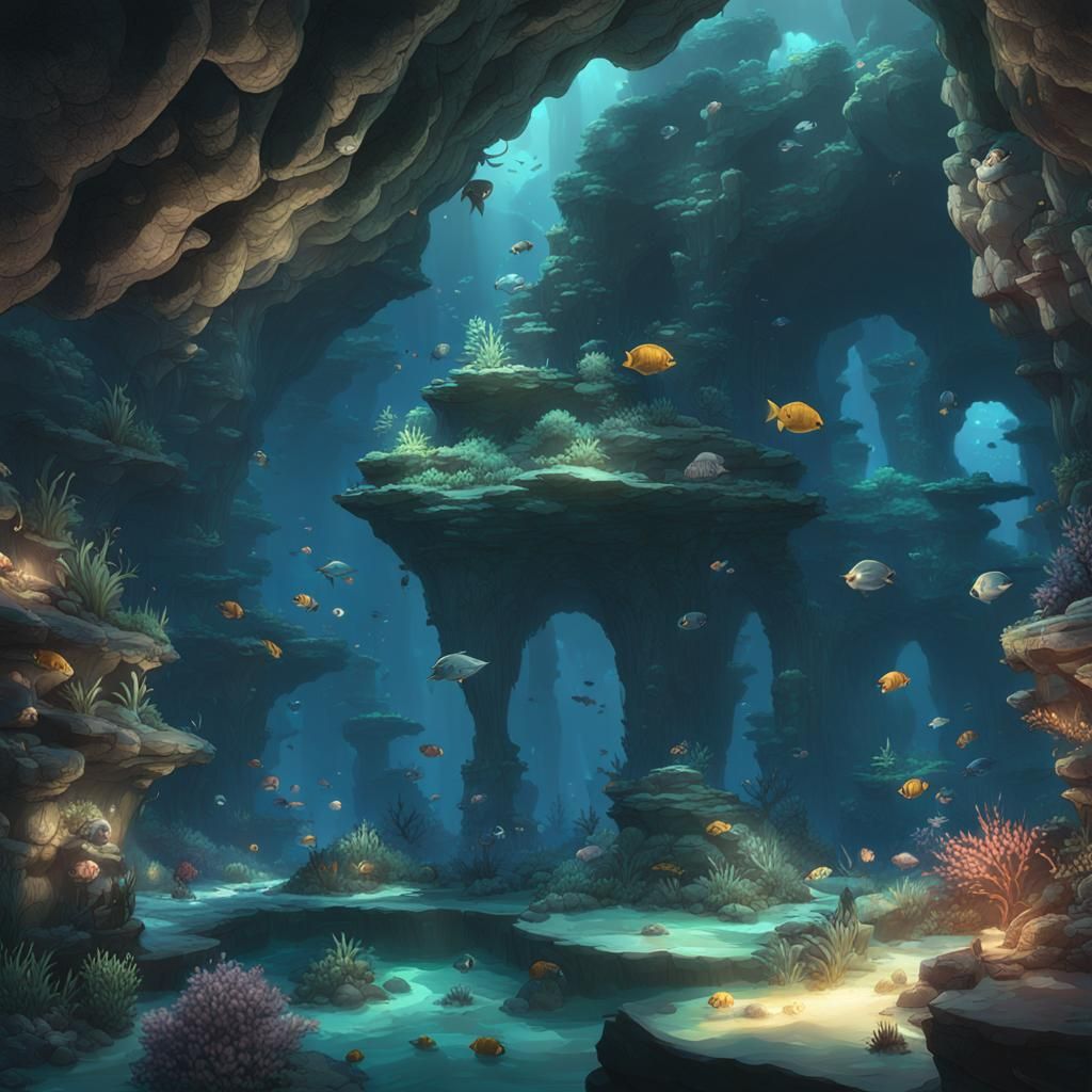 Mysterious Underwater Underworld Cave in 3D Anime Art