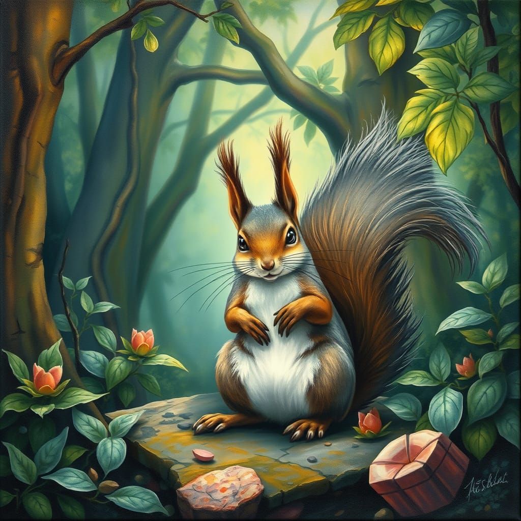 Mystical Squirrel in Forest: Gouache and Charcoal