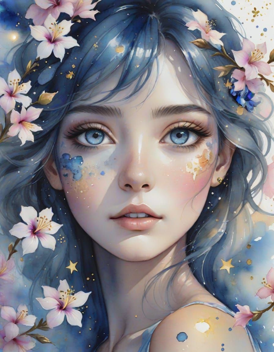 Golden Stars and Sapphire Hibiscus Flowers in Watercolor