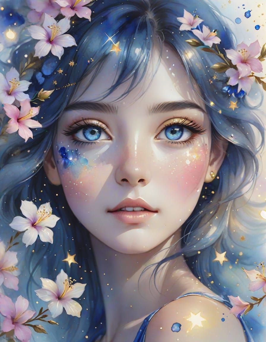 Sapphire Eyes with Golden Stars in Watercolor Splash Art