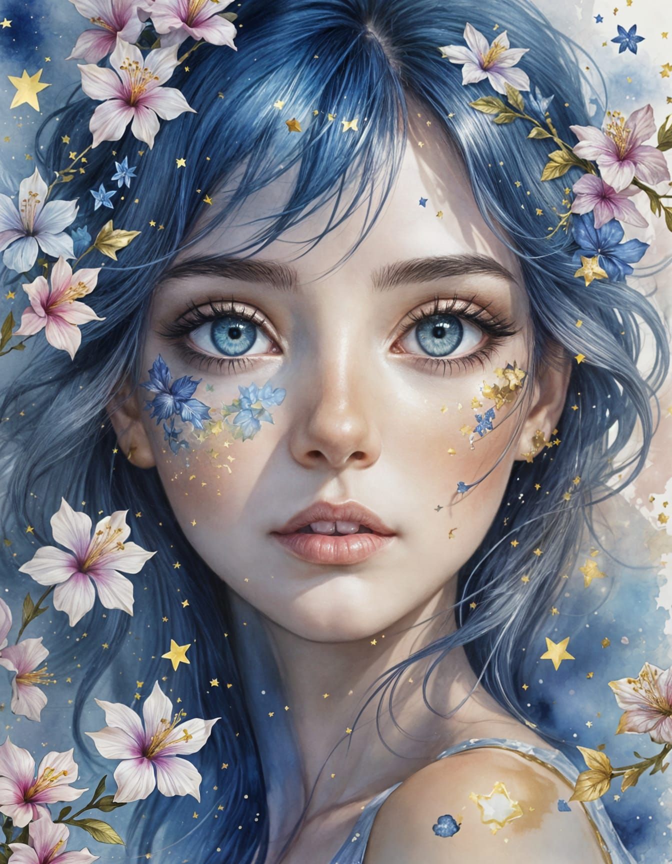 Golden Sapphire Eyes with Stars and Hibiscus: Watercolor Art