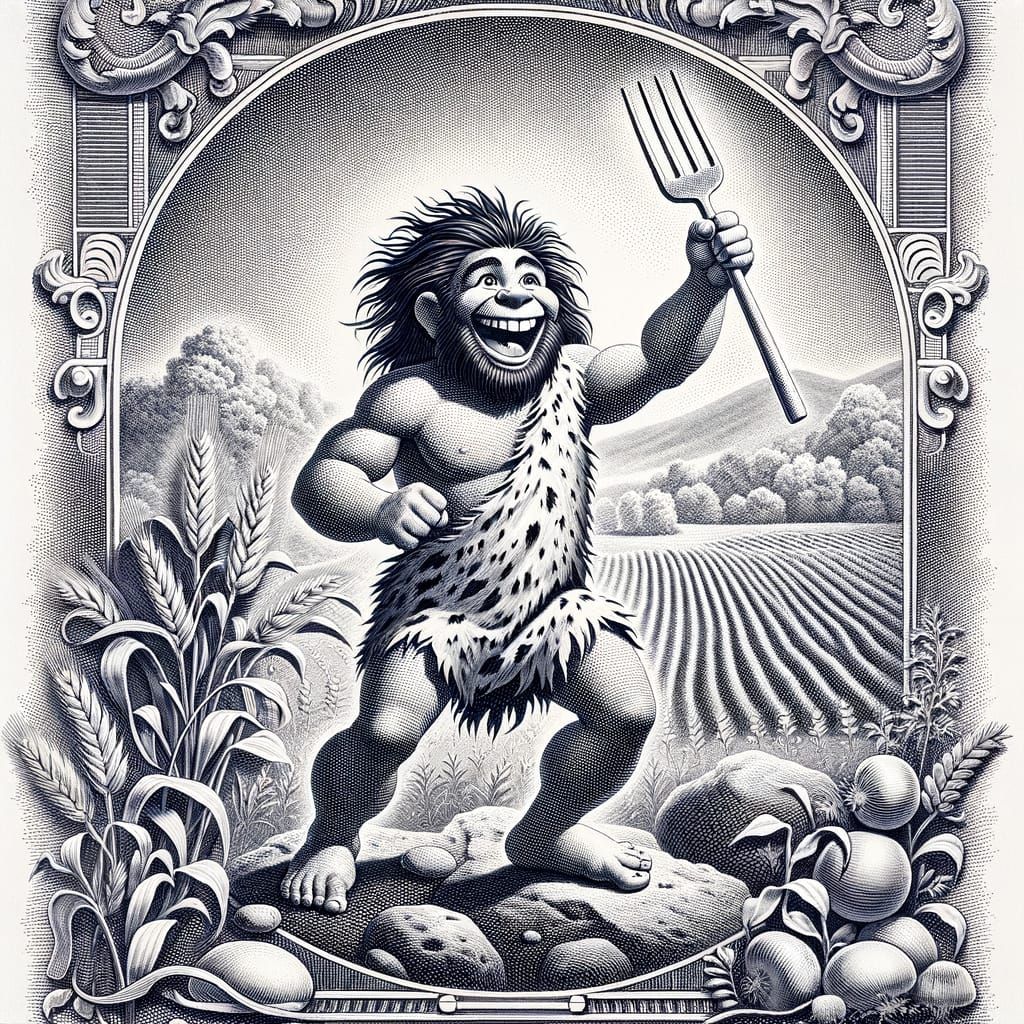 Caveman's Agricultural Discovery: Banknote Engraving Style