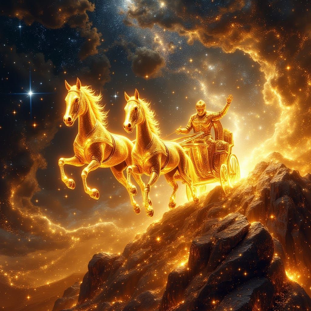 Fiery Chariot Pulled by Stardust Horses Across Cosmic Sky