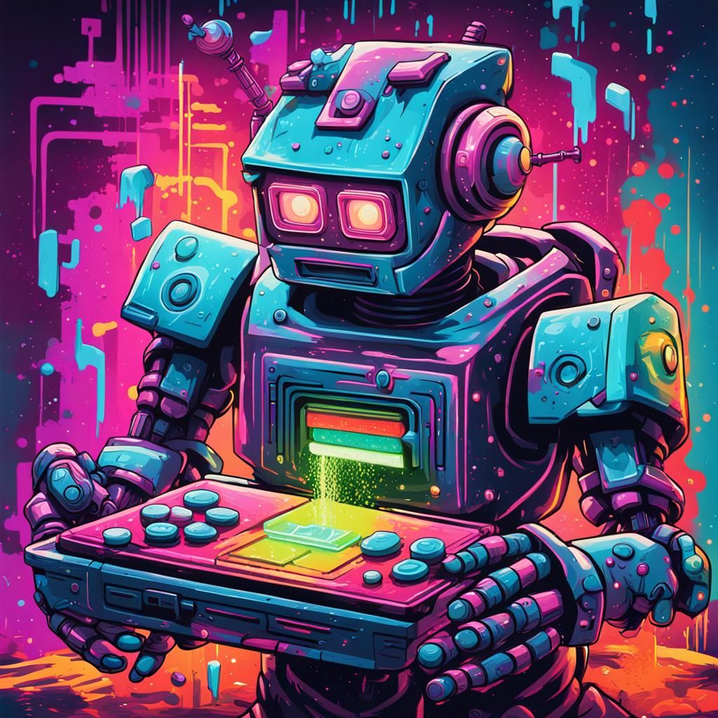 Retro Robot Playing Futuristic Game in Graffiti Style
