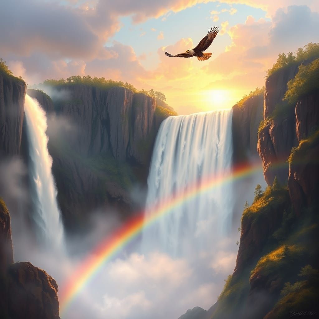 Misty Waterfall with Rainbow and Soaring Eagle at Sunrise