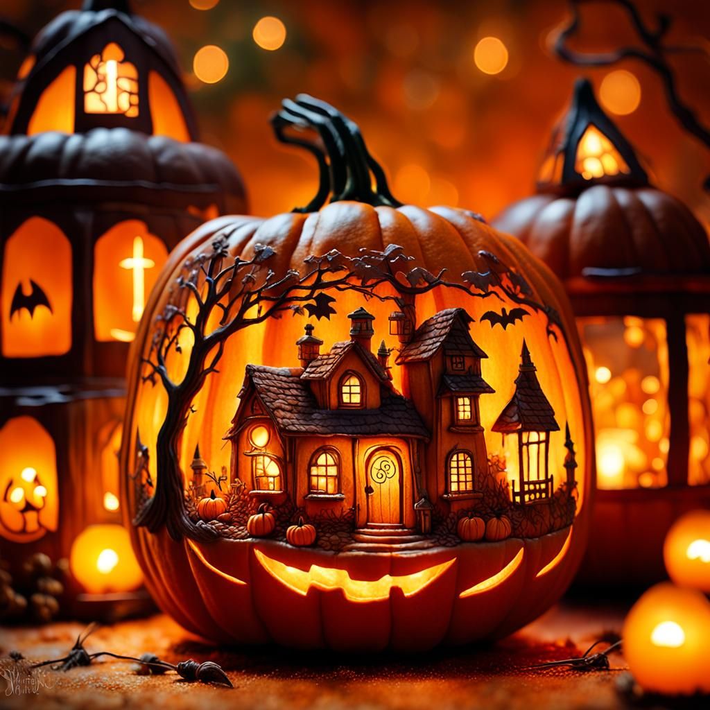 Enchanting Halloween Village Inside Pumpkin, Rockwell Style