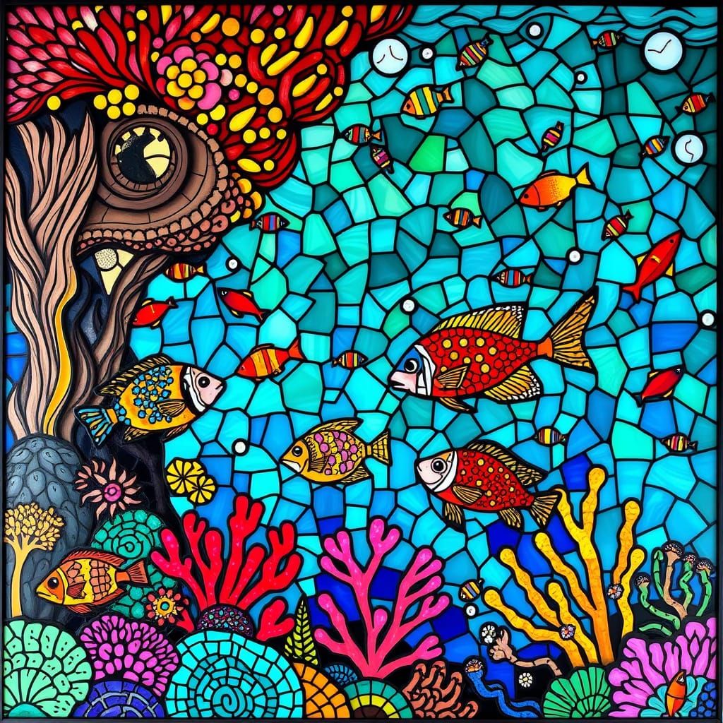 Vibrant Stained Glass Underwater World Mosaic