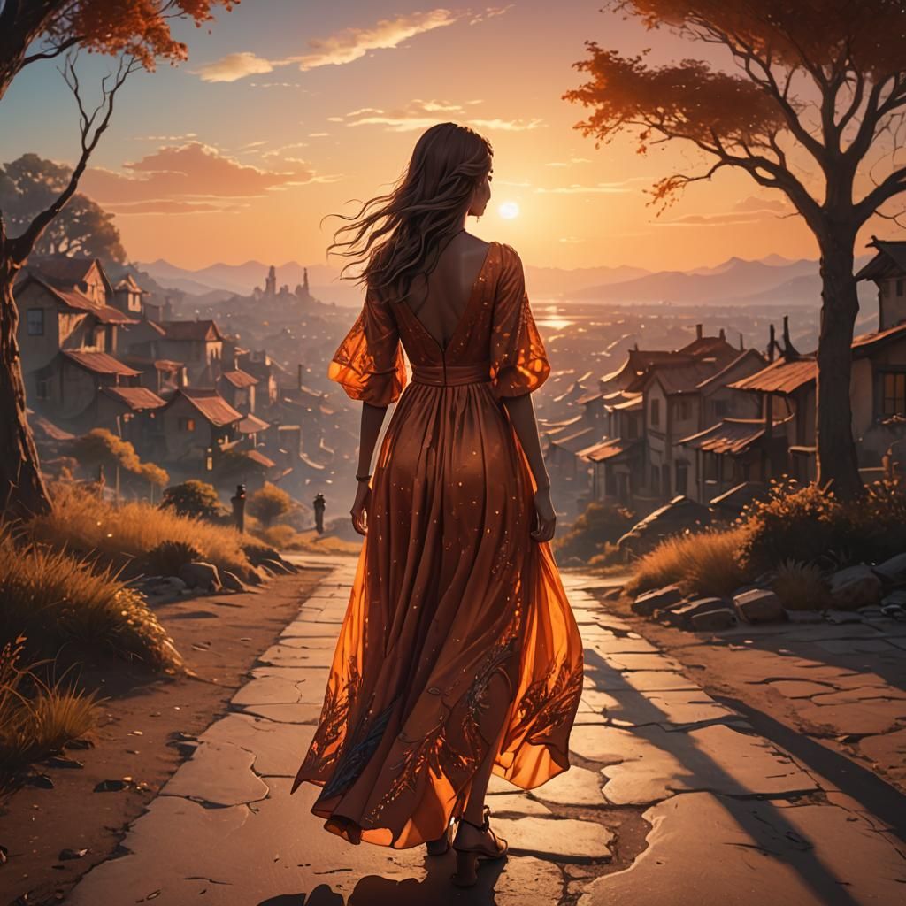 Fantasy Girl Walks Toward Sunset in Warm Colors