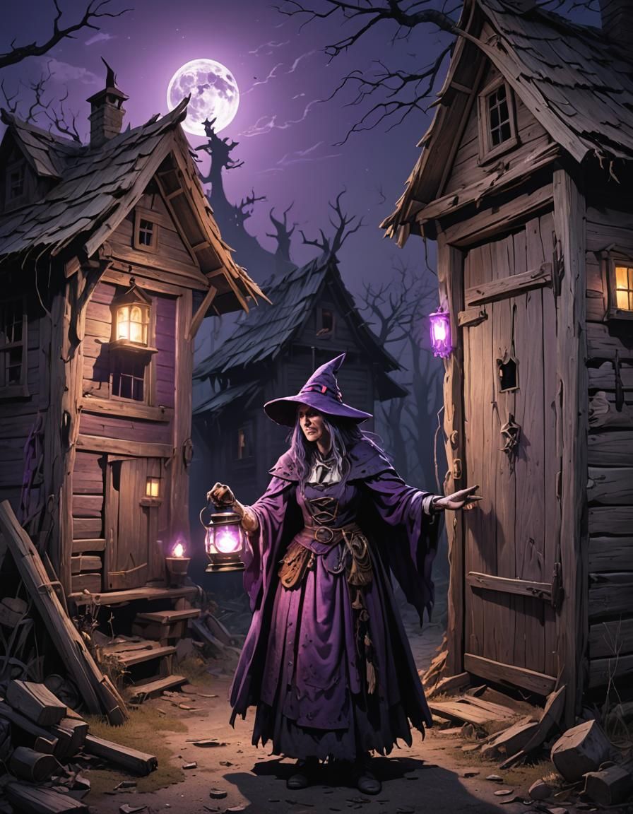 Witch with Magic Lantern in Moonlight