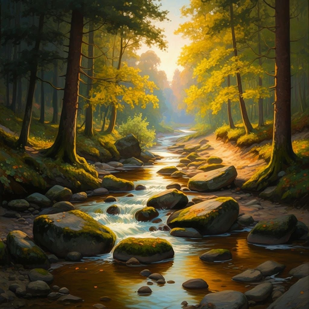 Tranquil Forest Stream at Golden Hour