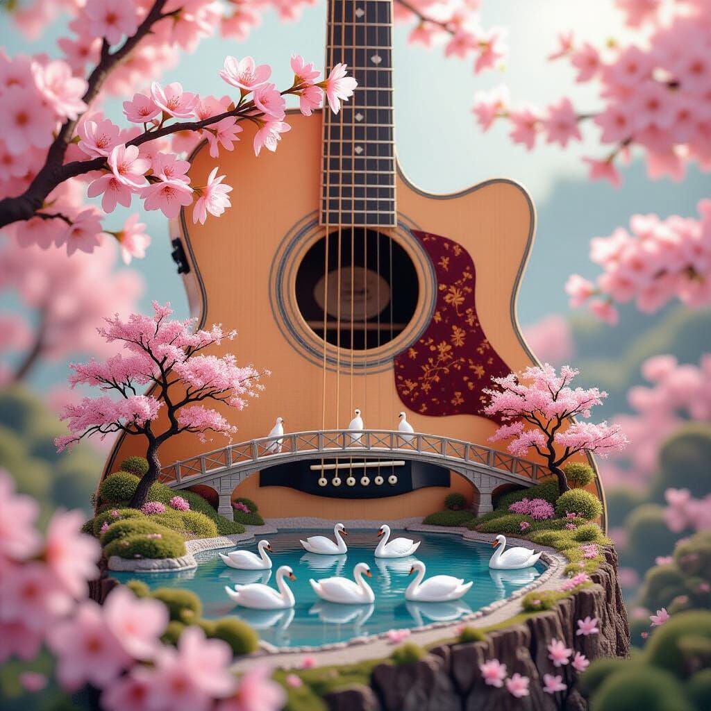 Acoustic Guitar Diorama with Cherry Blossoms and Lake Scene