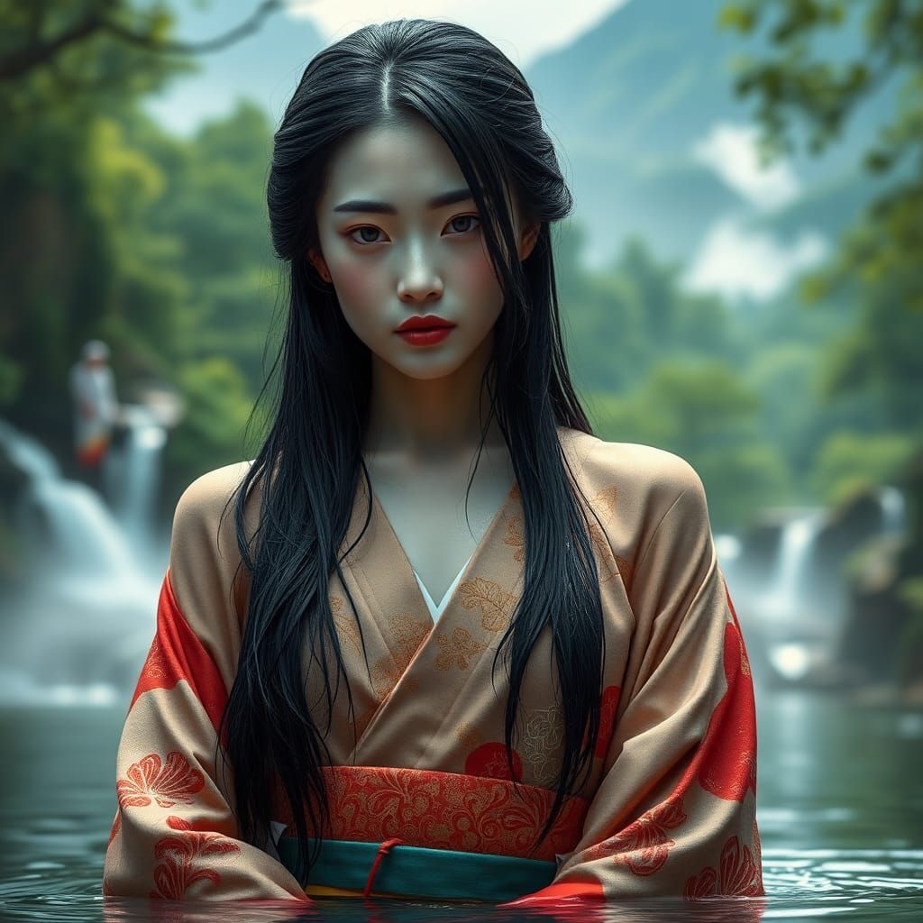 Geisha Bathing in Waterfall, Mournful Romantic Portrait