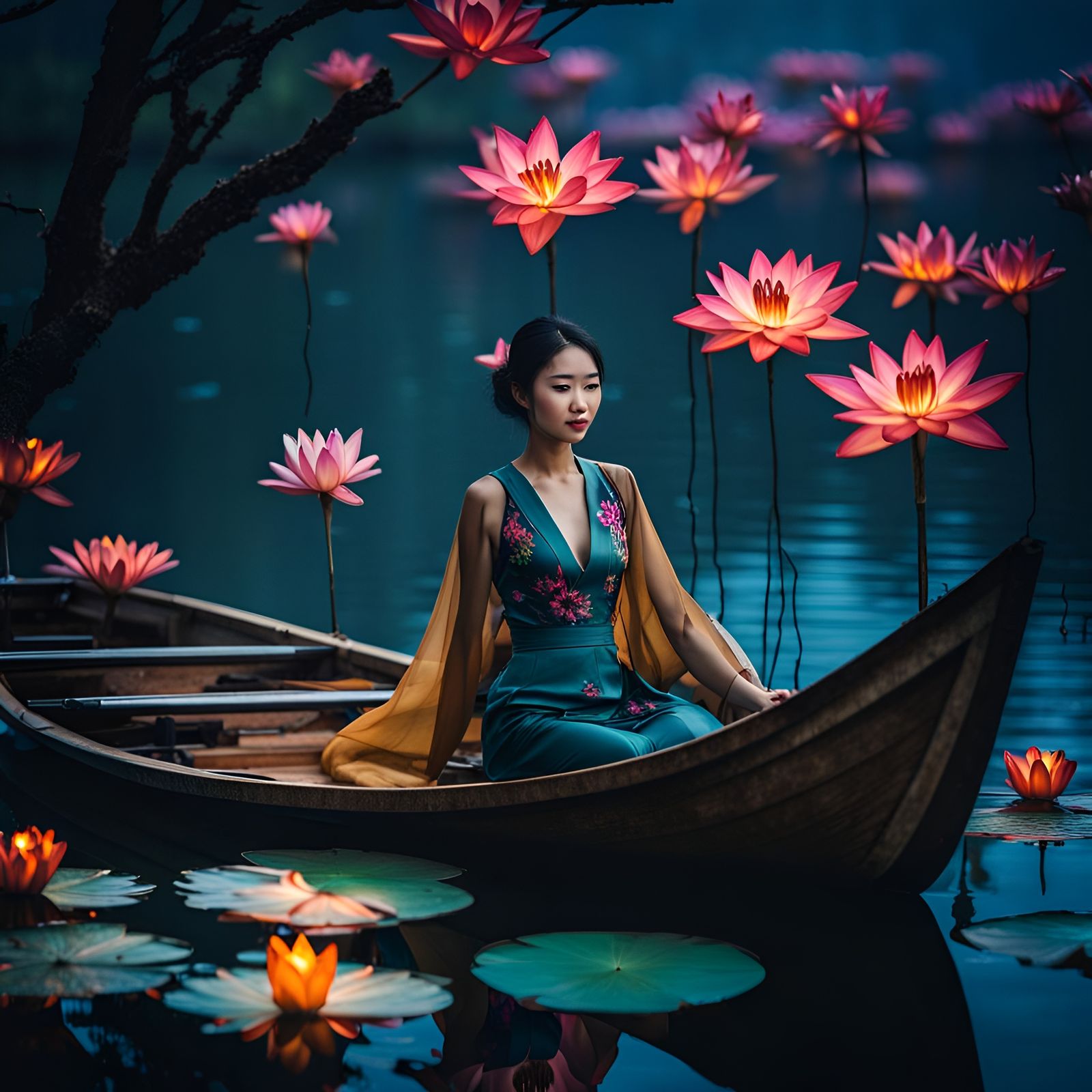 Chinese Woman in Boat on Bioluminescent Lake