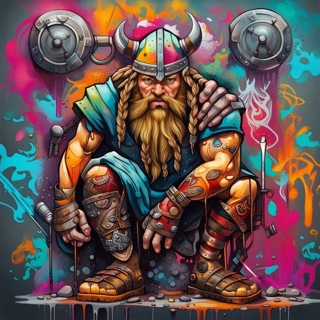 Viking with Bionic Leg in Graffiti Art Style