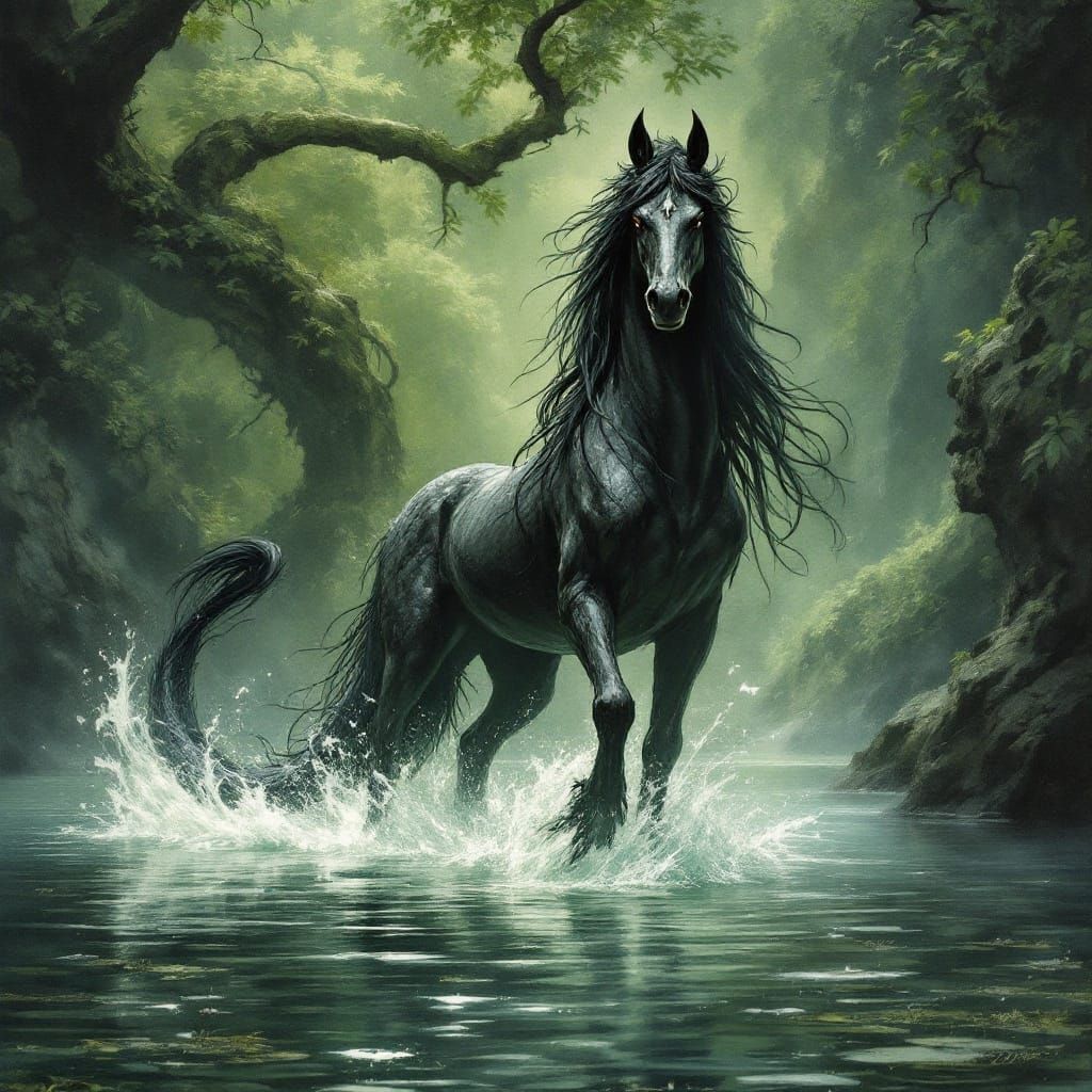 Majestic Celtic Water Horse Demon in Serene Lake Landscape