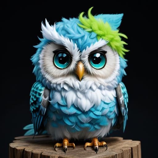 Adorable Blue Baby Owl with Green Mohawk