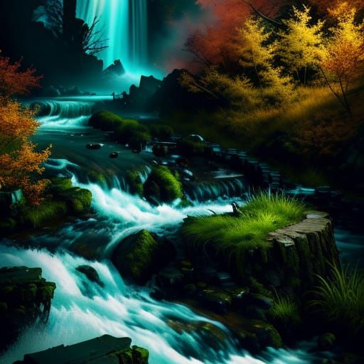 Turbulent Mountain Stream Digital Art in Golden Hour