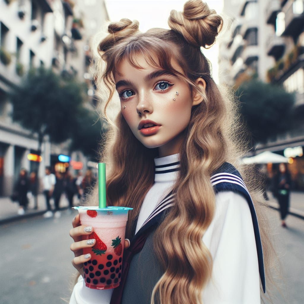 Girl Enjoys Bubble Tea in Bustling City