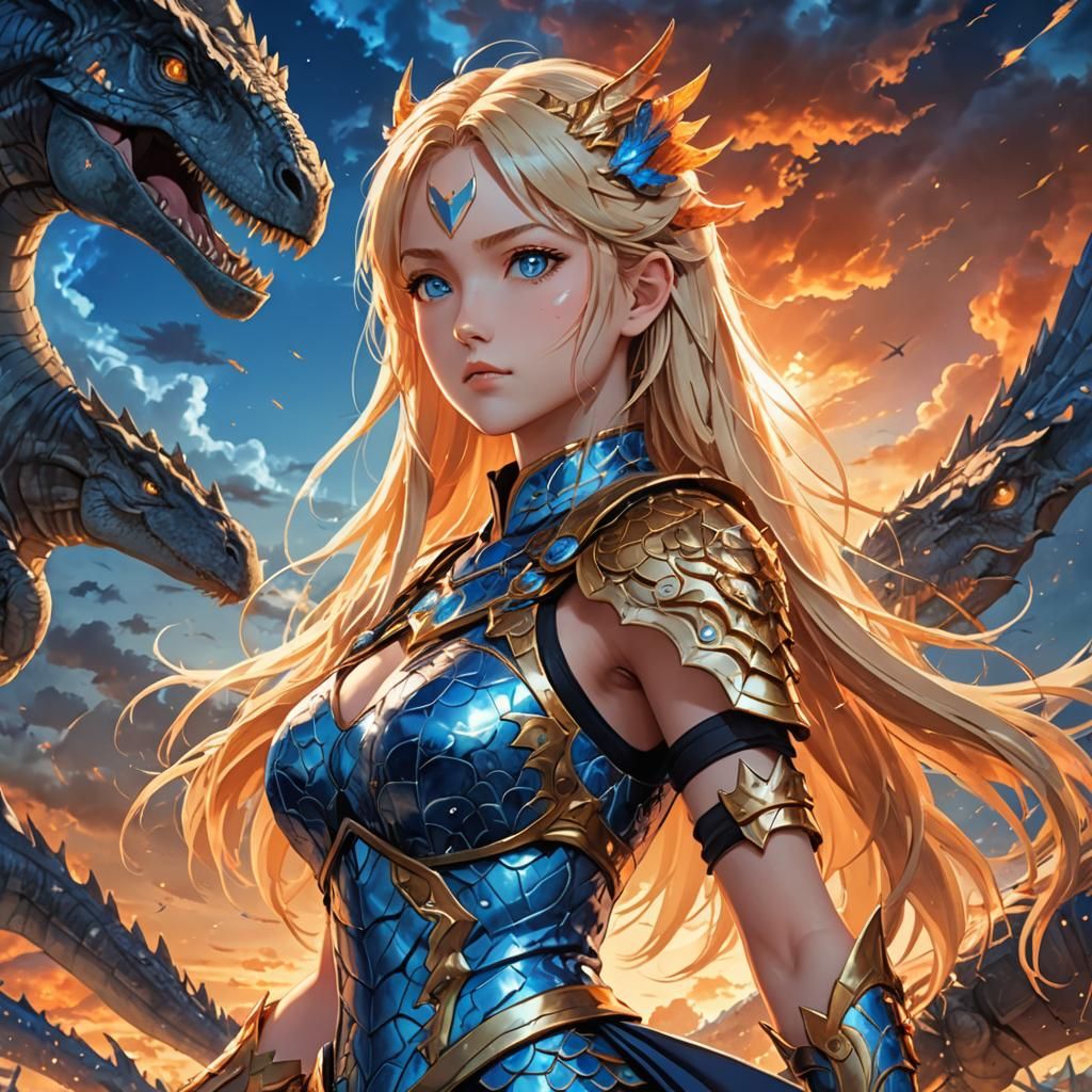 Anime Female Warrior in Dinosaur Dress Under Fantastical Sky