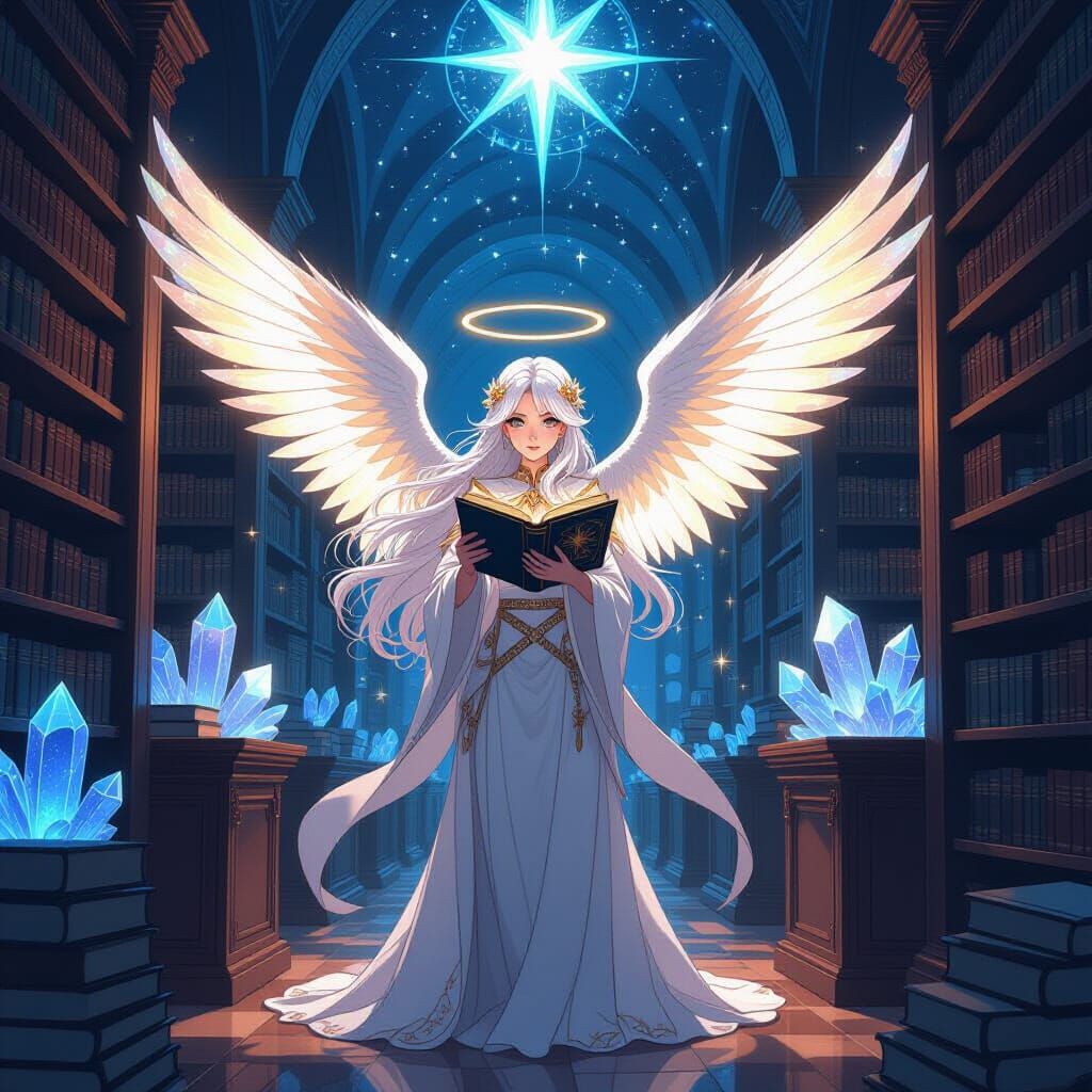 Celestial Librarian in Anime Style with Radiant Wings