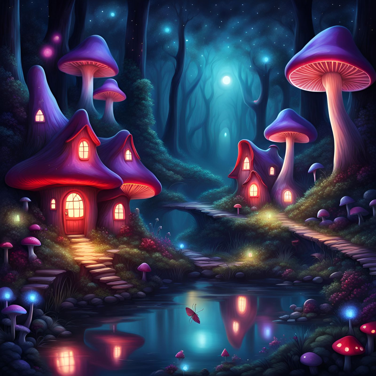 Night, deep forest fantasy fairy village made of purple red aqua mushroom houses, fireflies, sparkle, forest twinkling,...