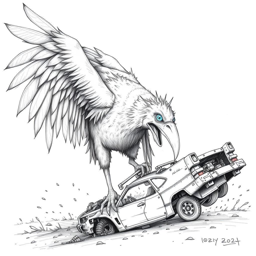 Giant Bird Devouring Car in Whimsical Doodle Style