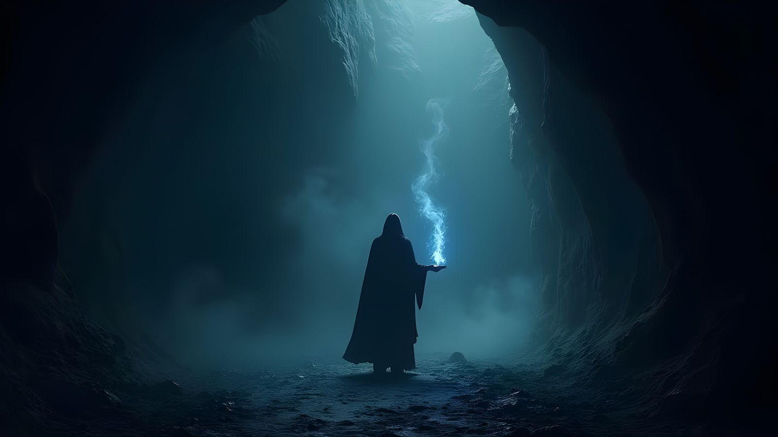 A Lone Figure Walks Through an Ancient Dark Cavern with a Fl...