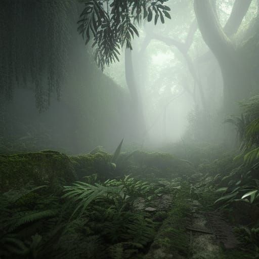 Lush Jungle Overgrowth in Abandoned Mansion Interior