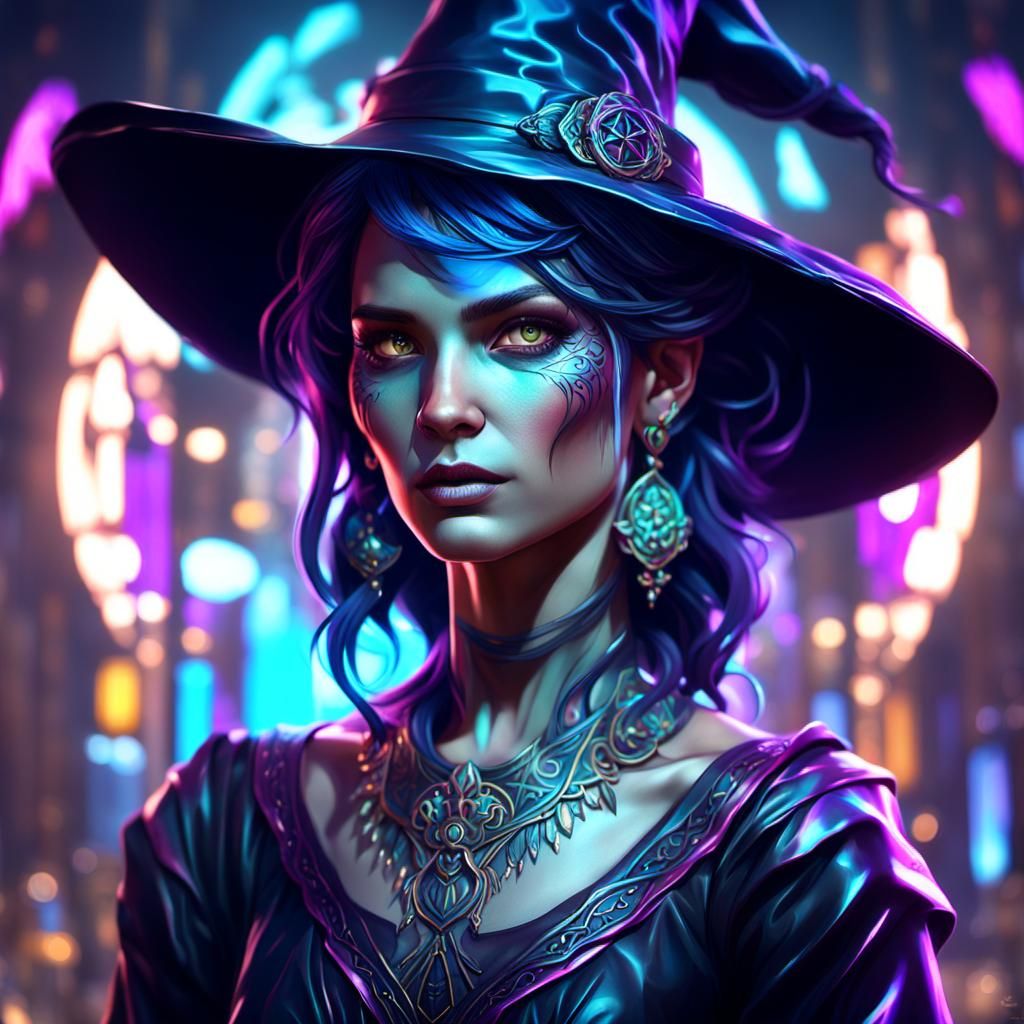 Neon Witch Portrait in Hyperdetailed Lighting
