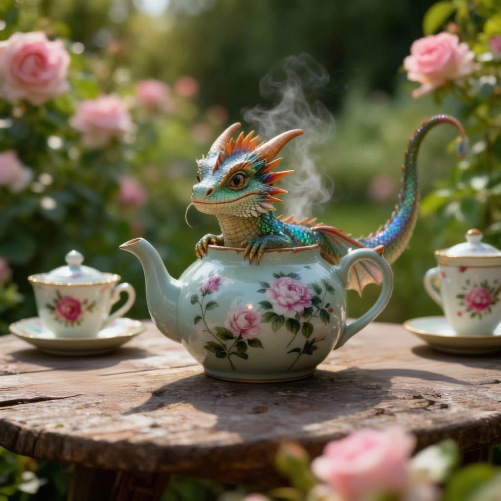 Adorable Teadragon Peeking From Teapot in English Garden