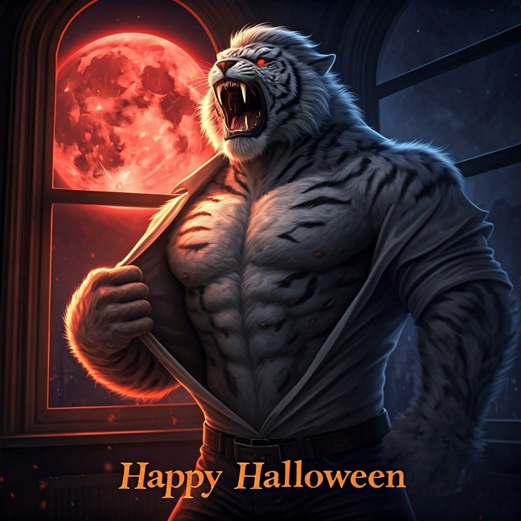 Weretiger Transformation in Moonlight: Hyperrealistic Illust...