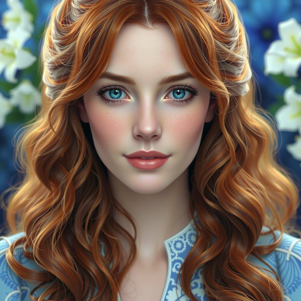 Woman with Blue Lilies: 3D Digital Portrait