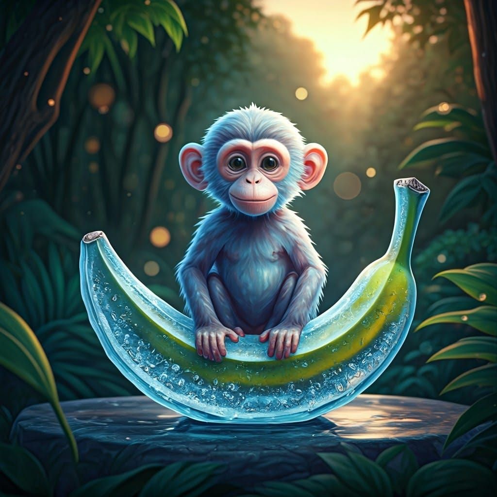 Whimsical Icy Monkey Sculpture in a Jungle Sunset