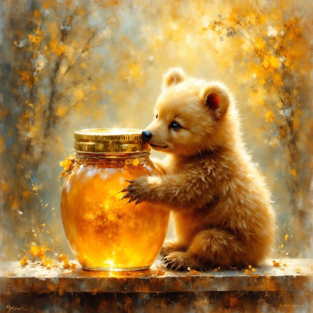 Fluffy Bear Cub Enjoys Jar of Honey