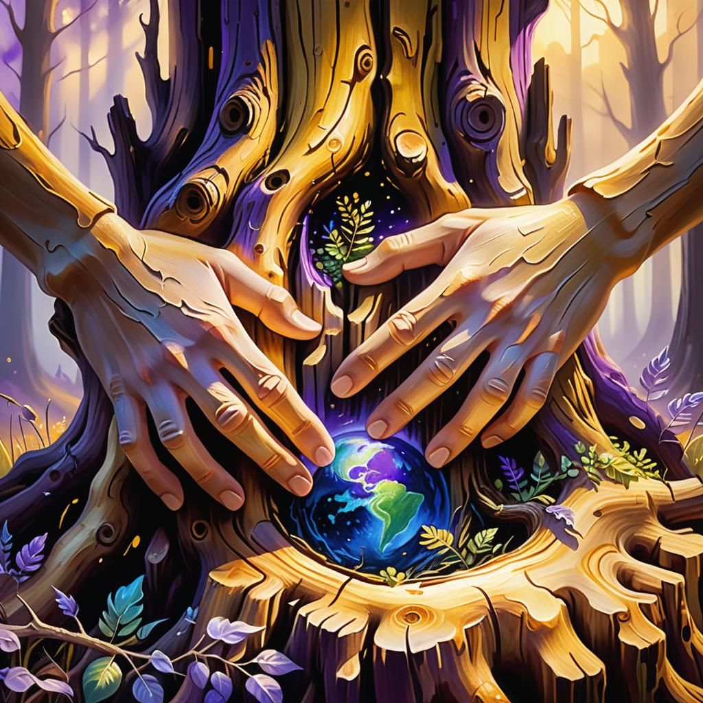 Hands Cradling Earth: Ethereal Oil Painting