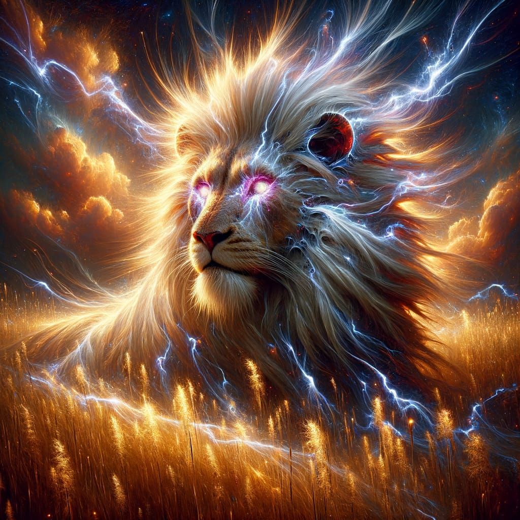 Electric Fur Lion with Intense Gaze in Stormy Meadow