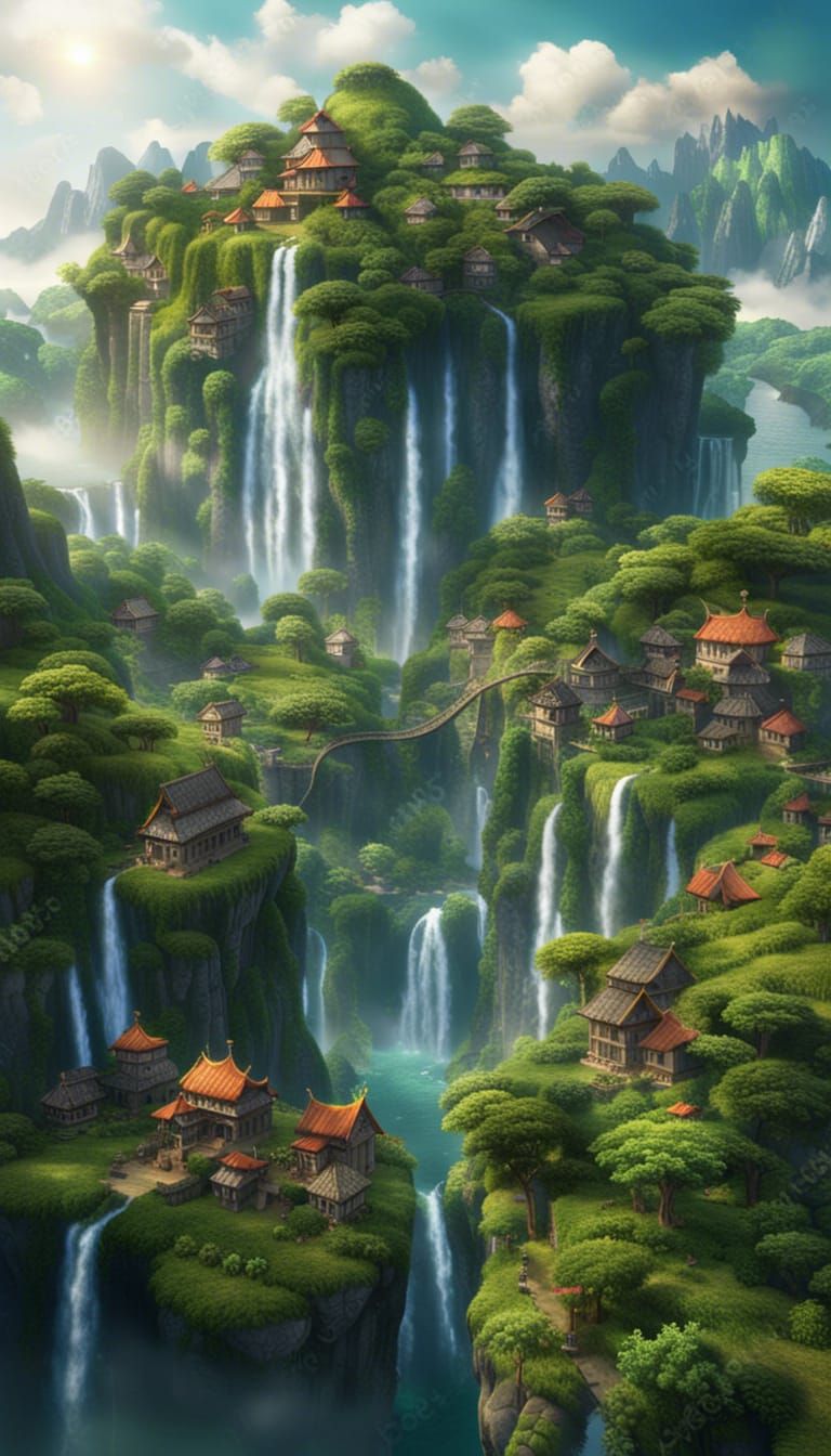 Fantasy Floating Islands: Detailed Matte Painting Landscape