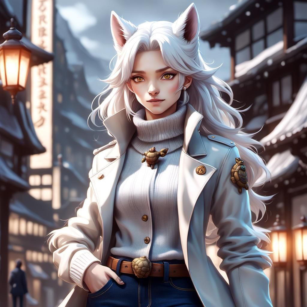 Anthropomorphic Wolf Woman in Trench Coat: 3D Anime Art