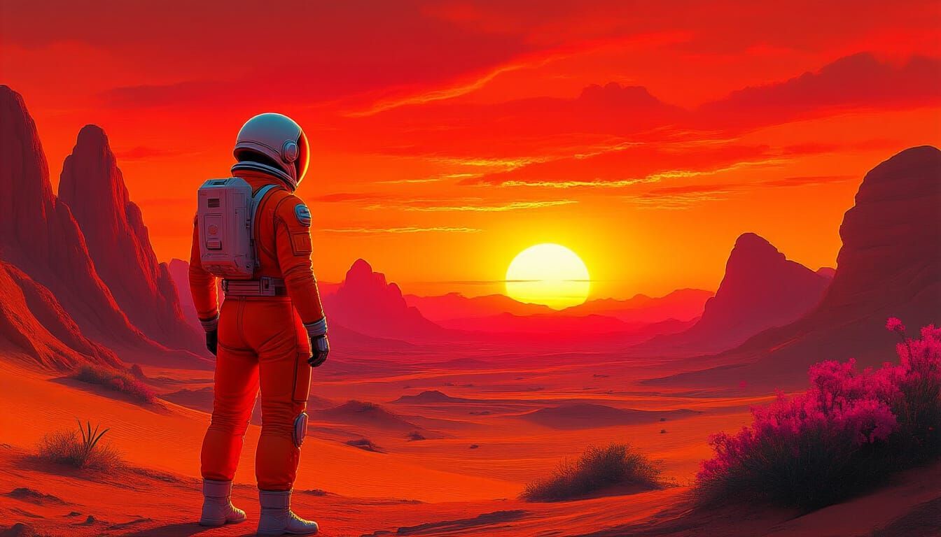 Retro-Futuristic Astronaut Views Alien Sunset