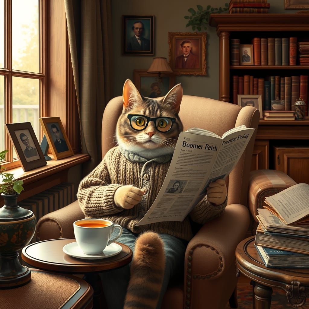 A Boomer cat enjoys a newspaper by the window with a cup of ...