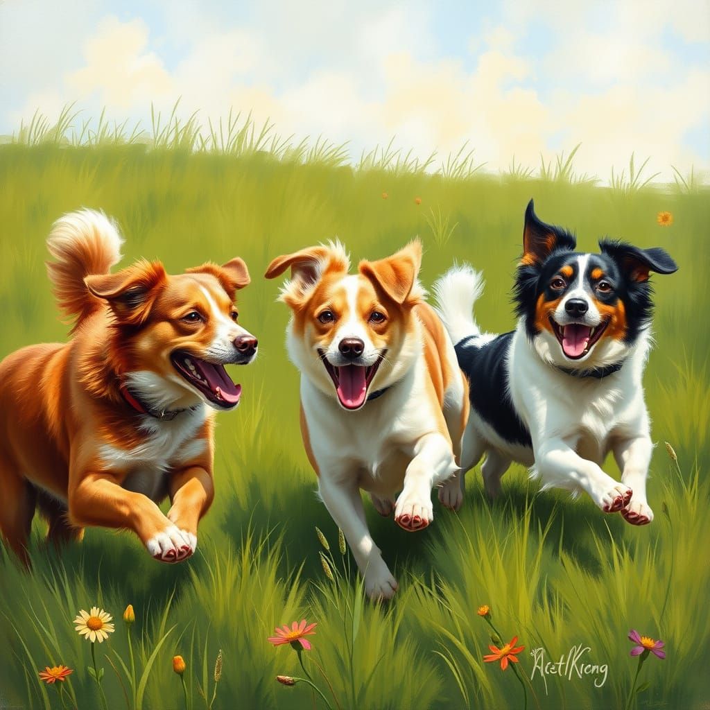 Dogs Playing in a Lush Green Meadow