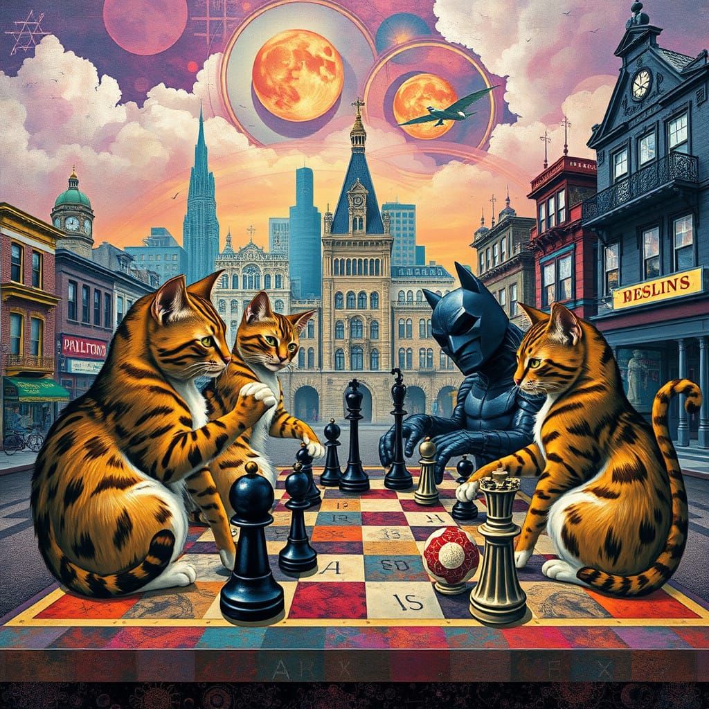 Surreal Dreamscapes of Chess-Playing Kitties in Vibrant Phil...