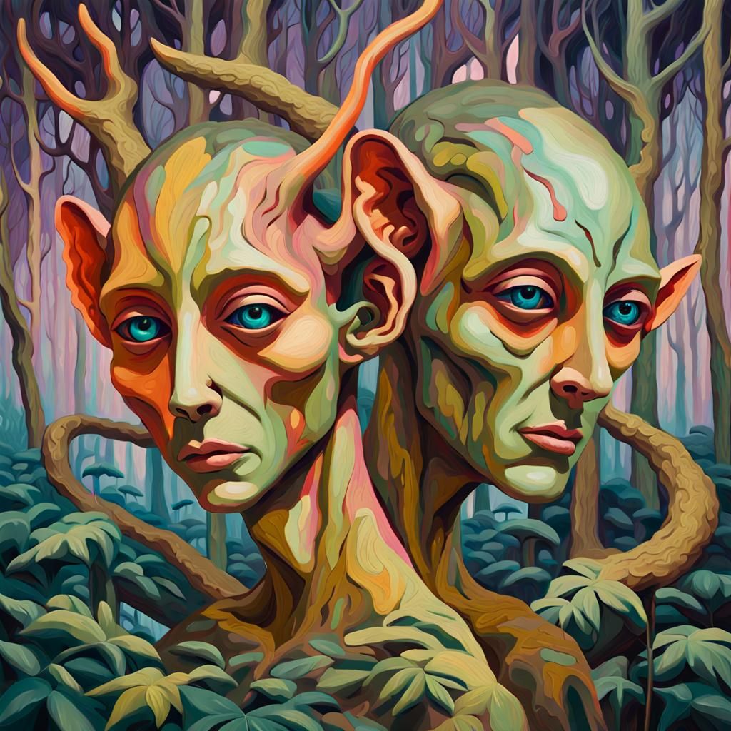 Humanoid Creature in Mystical Forest: Surreal Oil Painting